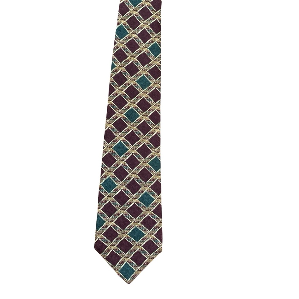 Bellagio 100% silk tie. Burgundy and green diamonds with cream grid. EUC